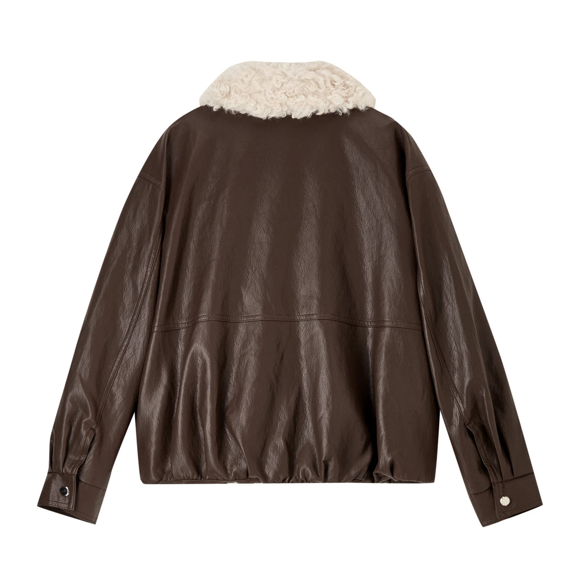 SENTUBILA Women Faux Leather Teddy Fleece Jacket Vintage Winter Contrast Faux Fur Collar Flattering Commuter Outerwear W64PD8070