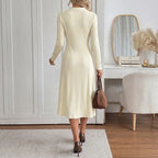 VigoCasey 2026 Casual White Ribbed Knitted Long Dress Women Autumn Polo Collar Midi Dress Lady Elegant Buttons Long Sleeve Dress