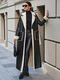 Autumn Winter Women Faux Fur Leather Trench Overcoat Elegant Chic Long Sleeve Jacket Pocket Loose Windbreaker Outwear
