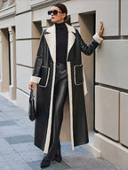 Autumn Winter Women Faux Fur Leather Trench Overcoat Elegant Chic Long Sleeve Jacket Pocket Loose Windbreaker Outwear