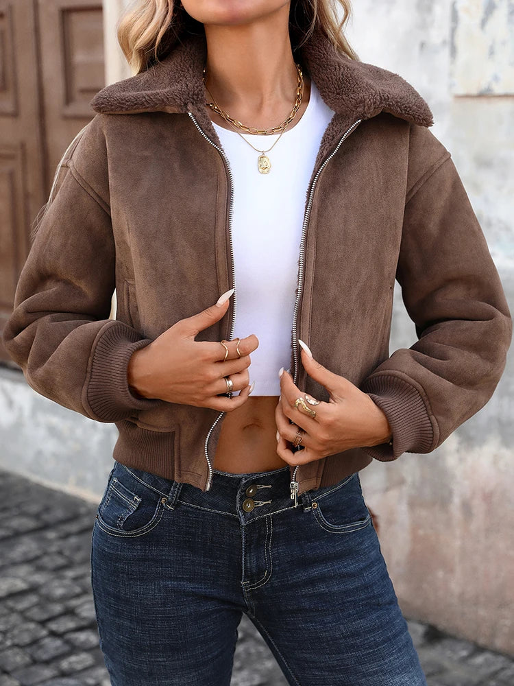 Ailegogo Autumn Winter Women Warm Faux Suede Leather Fur Jacket Streetwear Loose Zipper Coat Outwear
