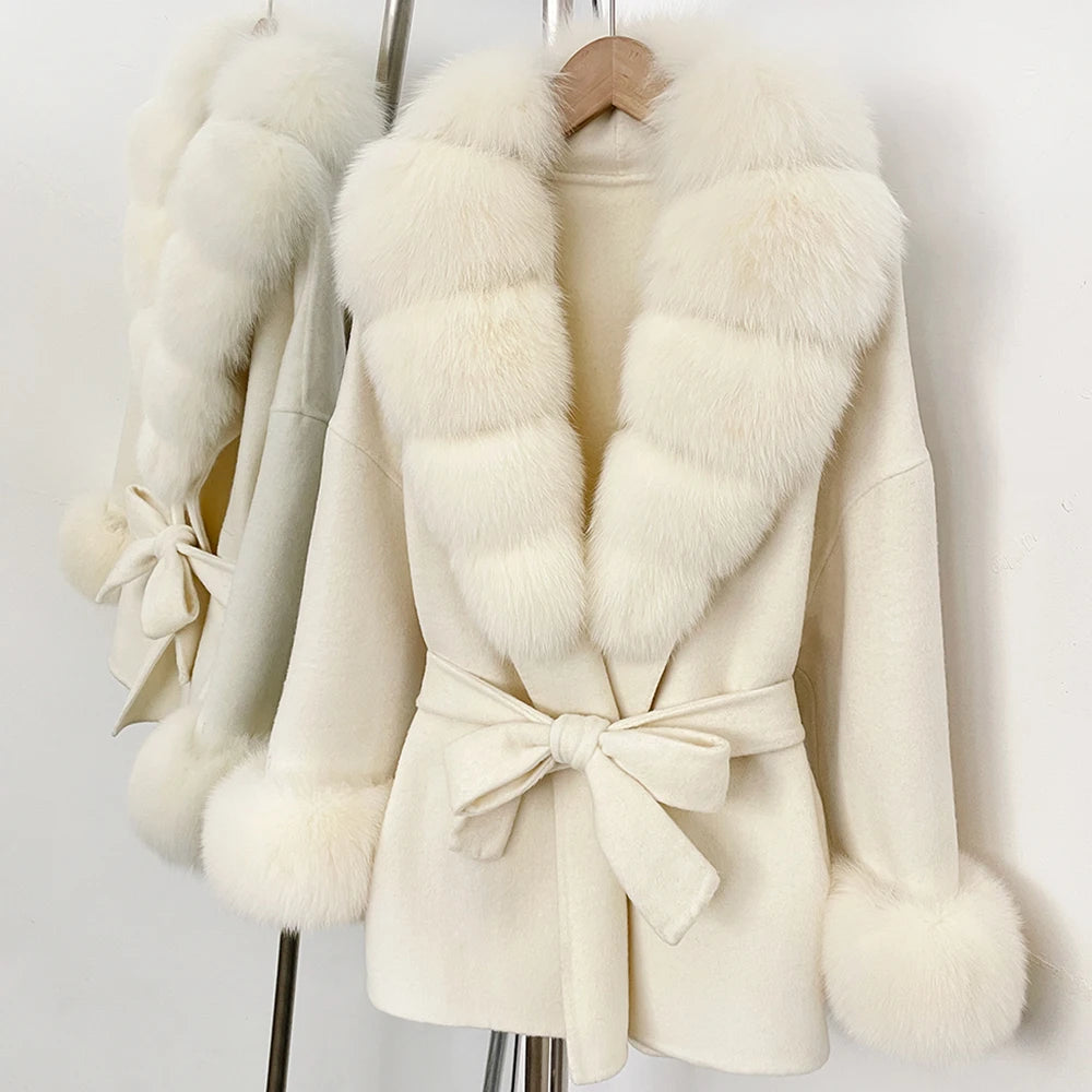 Women Short Fur Outerwear Belted Waist Woolen Double Face Coat Tie Premium Sophisticated Business Casual for Fall Cold Season