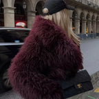2026 Fall Winter Women Burgundy Casual Faux Fur Jackets Fashion Streetwear Turn Down Collar Warm Oversized Thick Coats