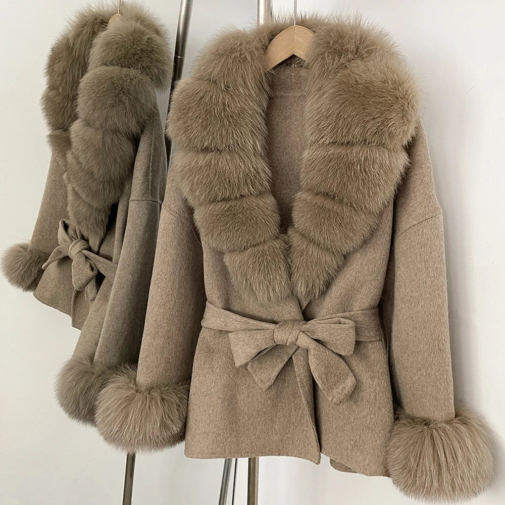 Women Short Fur Outerwear Belted Waist Woolen Double Face Coat Tie Premium Sophisticated Business Casual for Fall Cold Season