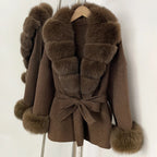 Women Short Fur Outerwear Belted Waist Woolen Double Face Coat Tie Premium Sophisticated Business Casual for Fall Cold Season