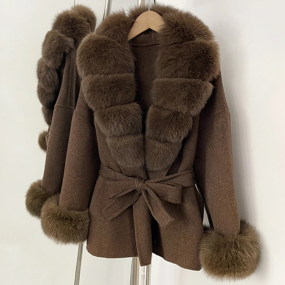 Women Short Fur Outerwear Belted Waist Woolen Double Face Coat Tie Premium Sophisticated Business Casual for Fall Cold Season