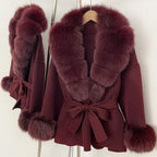Women Short Fur Outerwear Belted Waist Woolen Double Face Coat Tie Premium Sophisticated Business Casual for Fall Cold Season