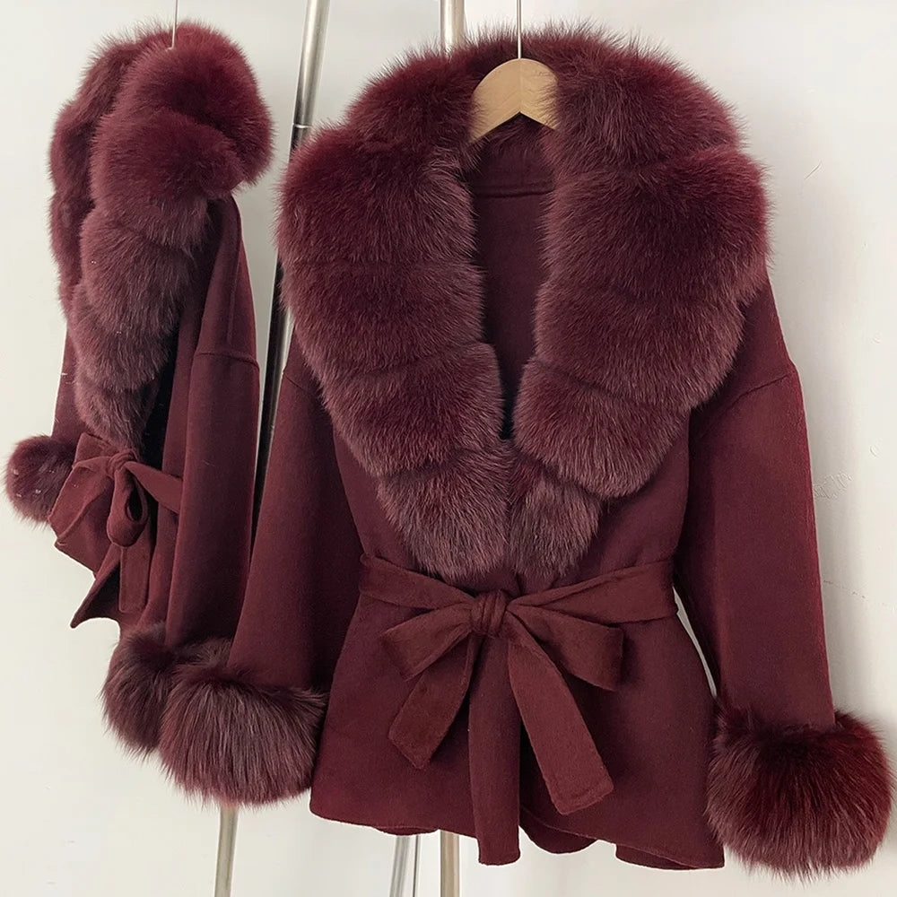 Women Short Fur Outerwear Belted Waist Woolen Double Face Coat Tie Premium Sophisticated Business Casual for Fall Cold Season