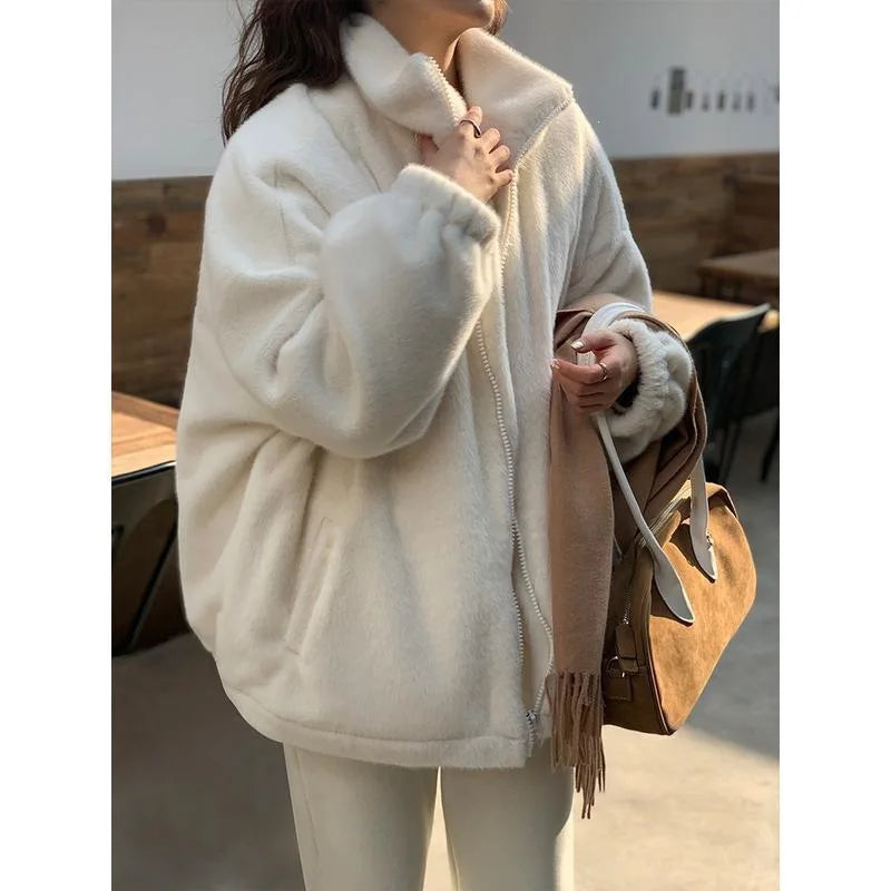 2026 New Loose-Fit Faux Rabbit Fur Collar Padded Winter Jacket – Thick, Plush, Cozy Women's Quilted Coat for Cold Weather
