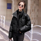CoffeeMaillard Stand Up Collar New Short Petite Fashion Bread Warm Thickened PU Leather Down Cotton Jacket For Women