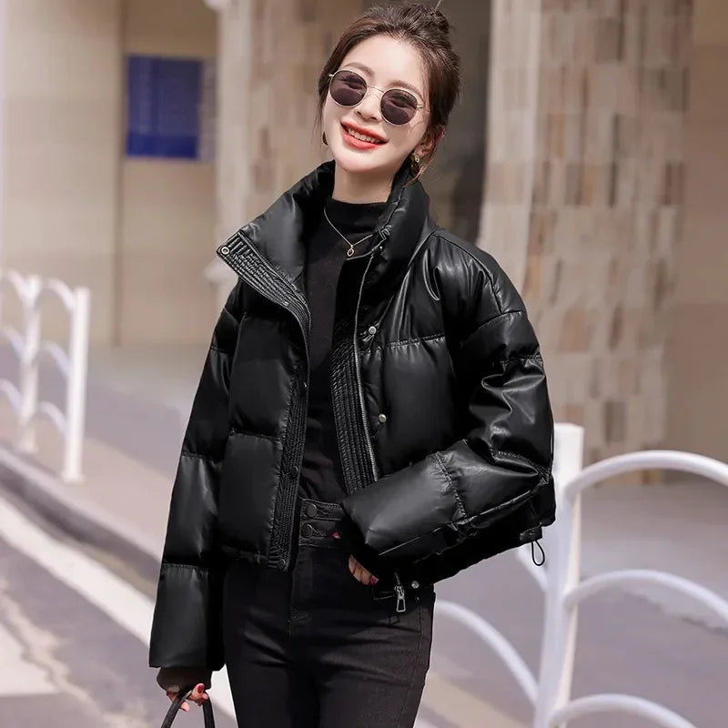 CoffeeMaillard Stand Up Collar New Short Petite Fashion Bread Warm Thickened PU Leather Down Cotton Jacket For Women