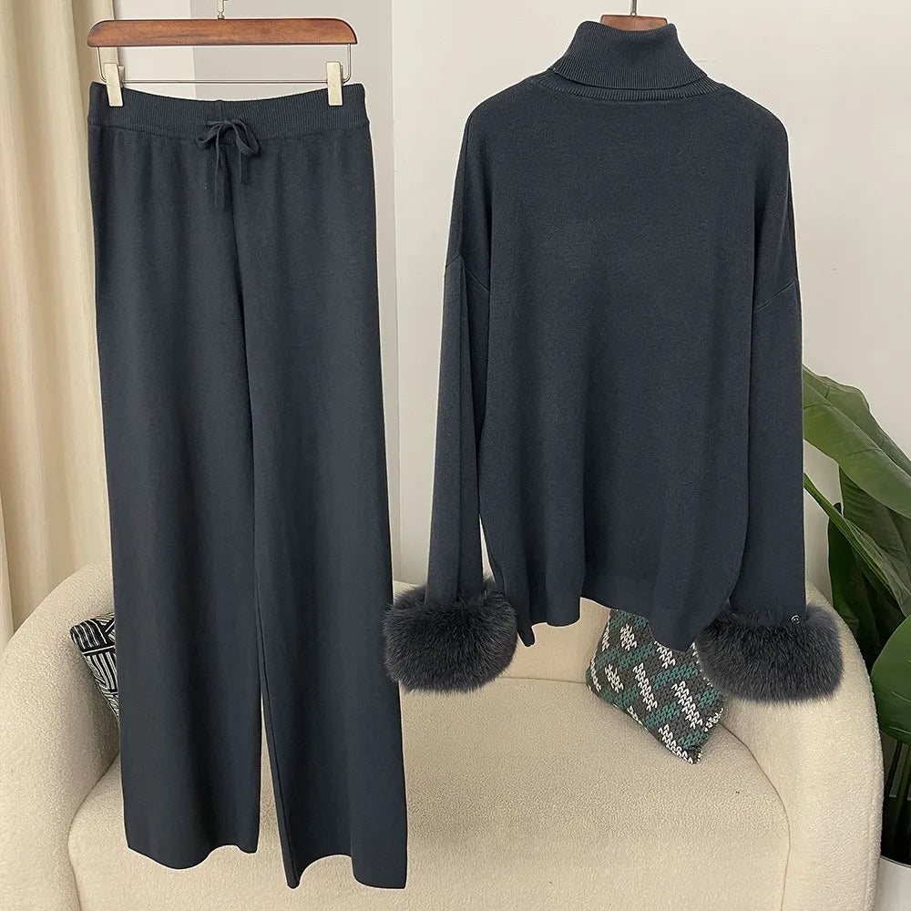 2024 New Fashion Autumn Winter Natural Real Fox Fur Cuffs Coat Knitted Sweater Women Long Pants Set Jacket Thick Warm