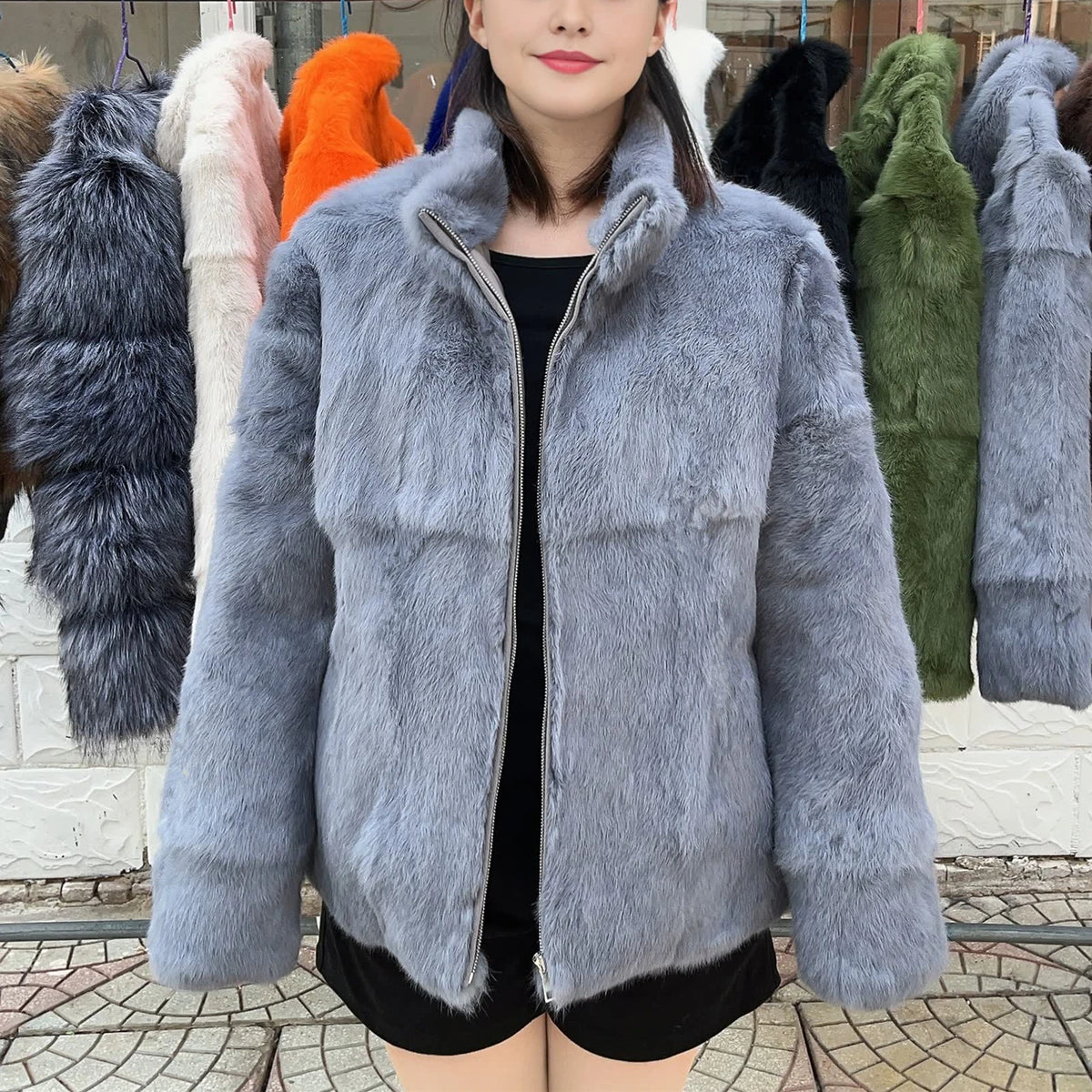 Natural Rabbit Fur Coat Women Winter Jacket Real Leather And Fur Bolero Women's Clothing Female Outerwears With 2025 Black Cold
