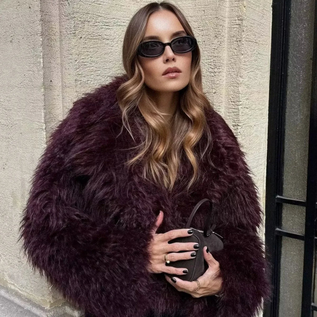 2026 Fall Winter Women Burgundy Casual Faux Fur Jackets Fashion Streetwear Turn Down Collar Warm Oversized Thick Coats