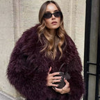 2026 Fall Winter Women Burgundy Casual Faux Fur Jackets Fashion Streetwear Turn Down Collar Warm Oversized Thick Coats