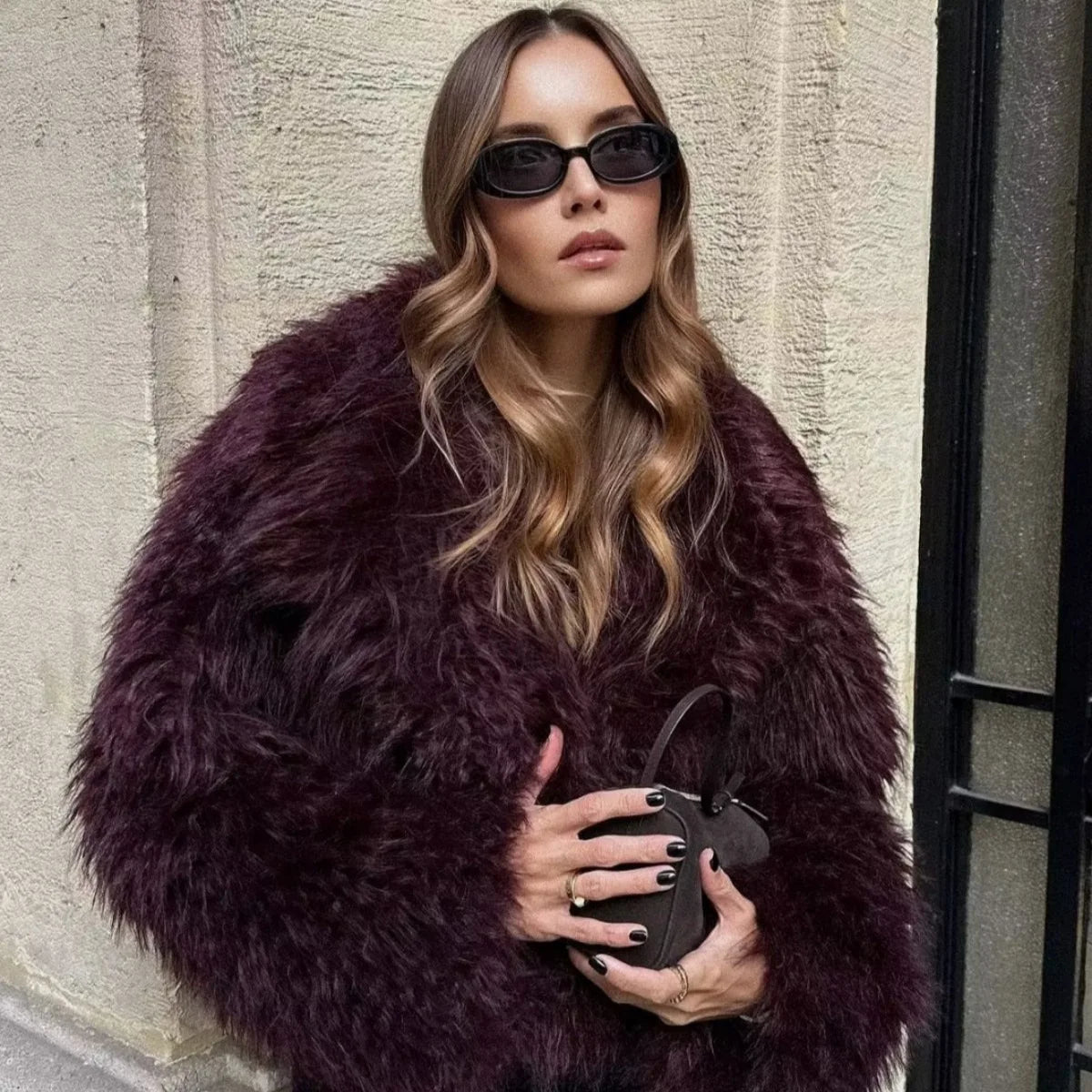 2026 Fall Winter Women Burgundy Casual Faux Fur Jackets Fashion Streetwear Turn Down Collar Warm Oversized Thick Coats