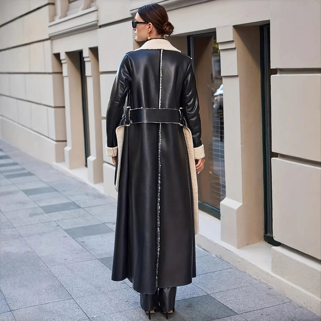 Autumn Winter Women Faux Fur Leather Trench Overcoat Elegant Chic Long Sleeve Jacket Pocket Loose Windbreaker Outwear
