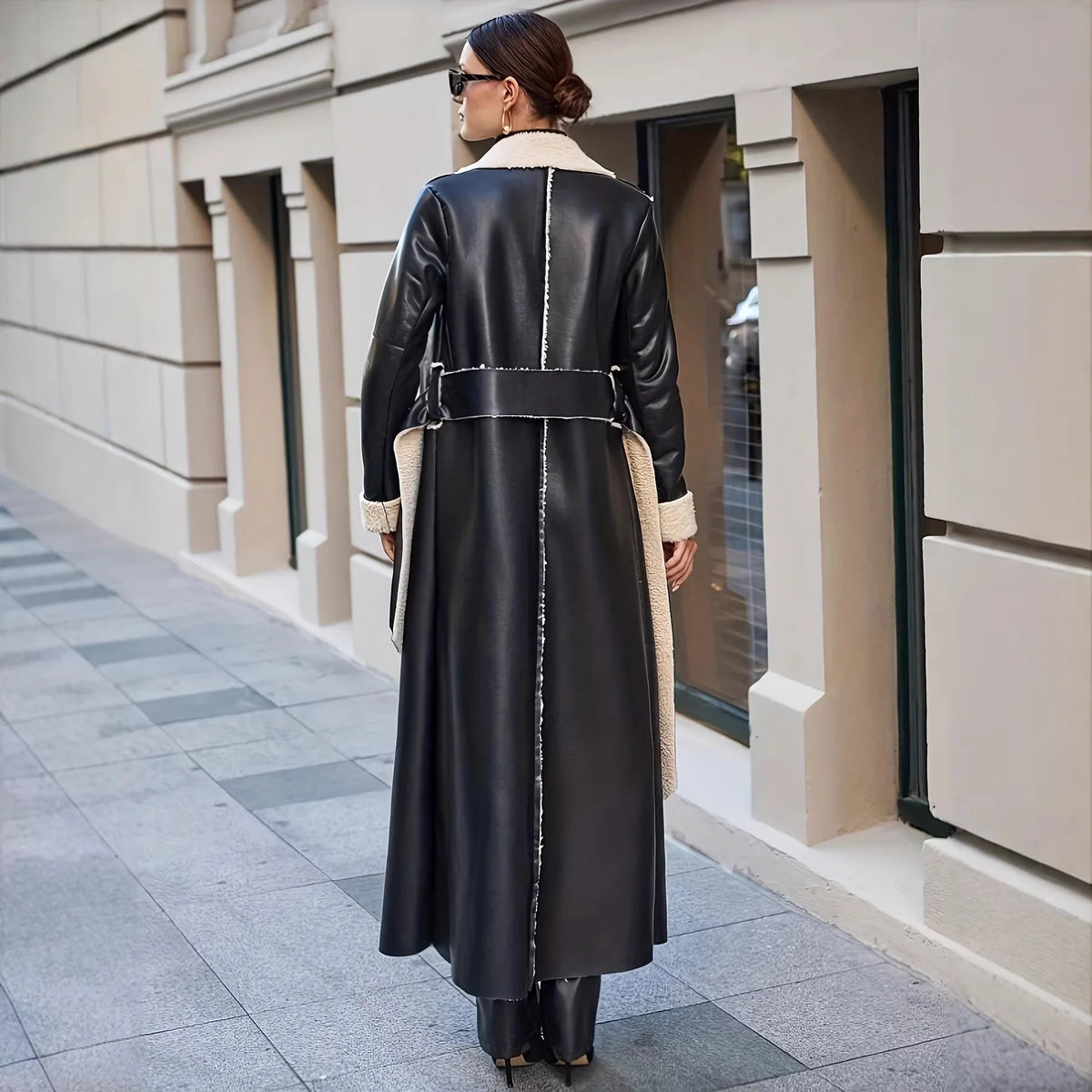 Autumn Winter Women Faux Fur Leather Trench Overcoat Elegant Chic Long Sleeve Jacket Pocket Loose Windbreaker Outwear