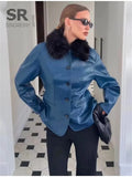 SINGREINY Women's Slim Faux Leather Jackets Fur Collar Single Breasted Full Sleeves Coats Autumn Lady Street Fashion Outerwear