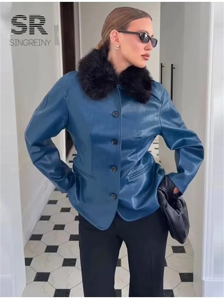 SINGREINY Women's Slim Faux Leather Jackets Fur Collar Single Breasted Full Sleeves Coats Autumn Lady Street Fashion Outerwear
