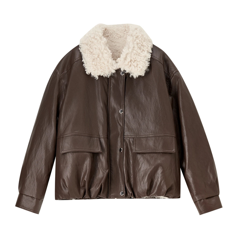 SENTUBILA Women Faux Leather Teddy Fleece Jacket Vintage Winter Contrast Faux Fur Collar Flattering Commuter Outerwear W64PD8070