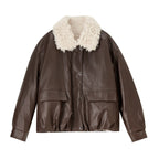 SENTUBILA Women Faux Leather Teddy Fleece Jacket Vintage Winter Contrast Faux Fur Collar Flattering Commuter Outerwear W64PD8070