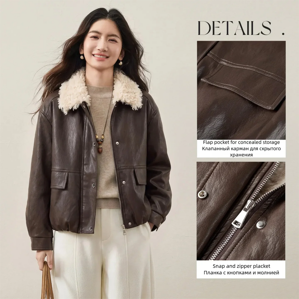 SENTUBILA Women Faux Leather Teddy Fleece Jacket Vintage Winter Contrast Faux Fur Collar Flattering Commuter Outerwear W64PD8070