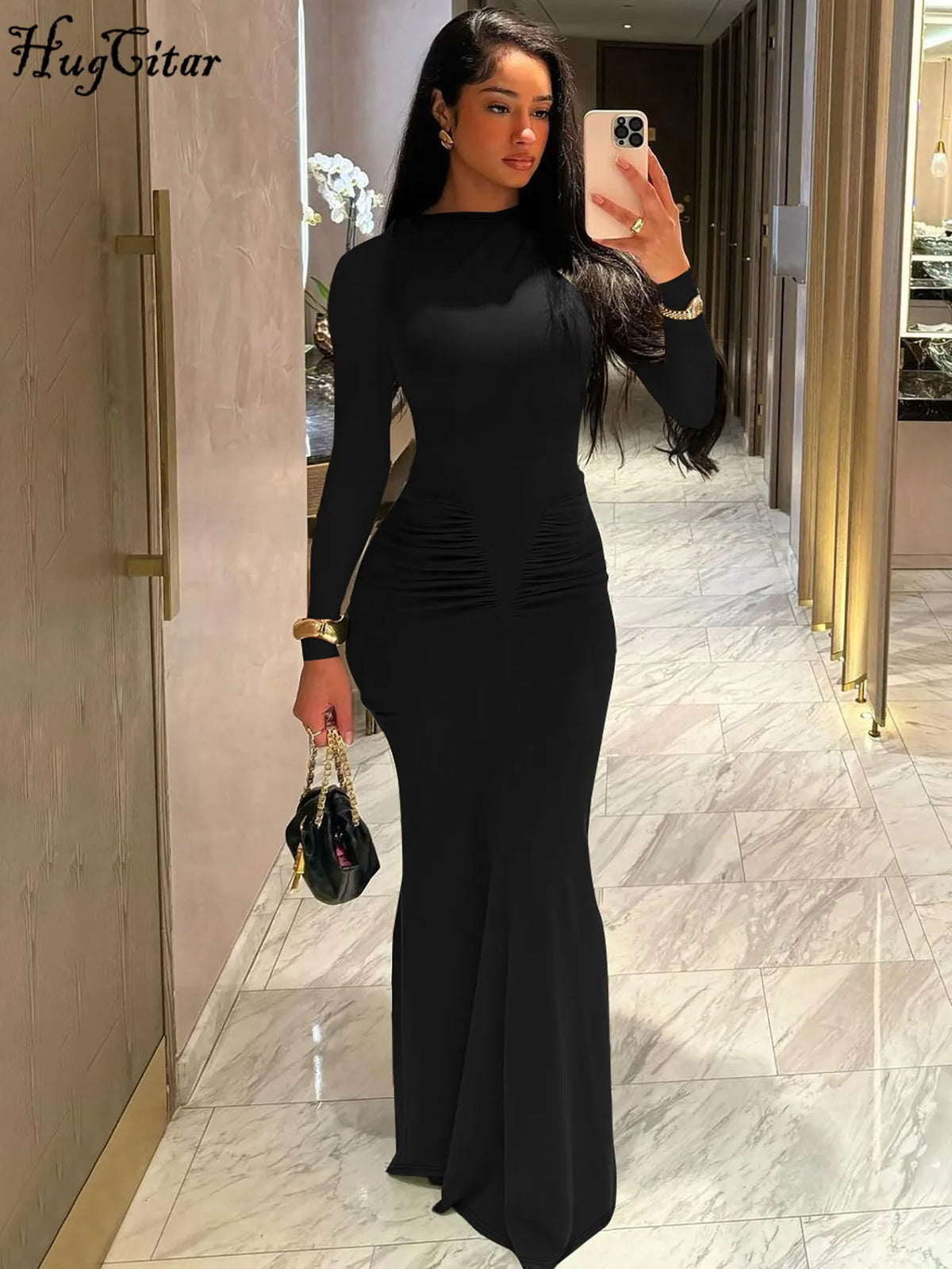 Hugcitar Autumn Solid Long Sleeve Draped Sexy Bodycon Maxi Prom Dress Women Fashion Y2K Outfits Evening Party Festival Club