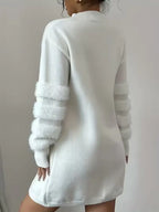 Women's Casual Solid-Color Stand-Collar Loose-Fit Knit Patchwork Dress, Belt Not Included, Fall/Winter Women's Apparel