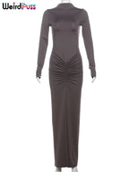 Weird Puss Hipster Ruched Dress Women O-Neck Full Sleeve Skinny Stretch Robe Autumn Trend Simple Classic Pleats Long Bodycon