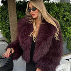 2026 Fall Winter Women Burgundy Casual Faux Fur Jackets Fashion Streetwear Turn Down Collar Warm Oversized Thick Coats