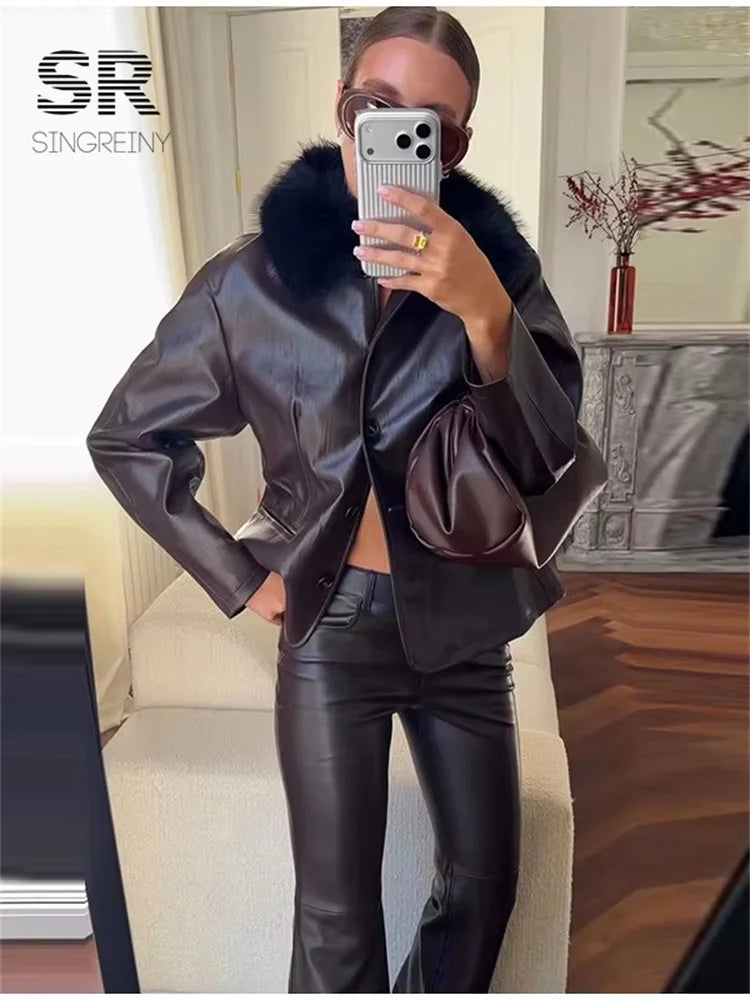 SINGREINY Women's Slim Faux Leather Jackets Fur Collar Single Breasted Full Sleeves Coats Autumn Lady Street Fashion Outerwear