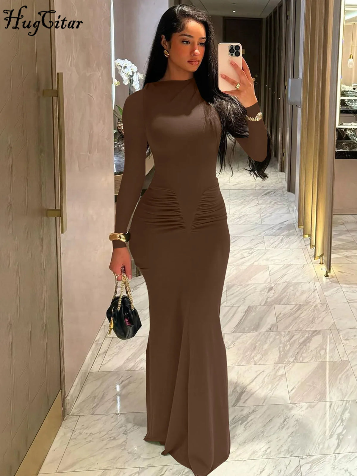 Hugcitar Autumn Solid Long Sleeve Draped Sexy Bodycon Maxi Prom Dress Women Fashion Y2K Outfits Evening Party Festival Club