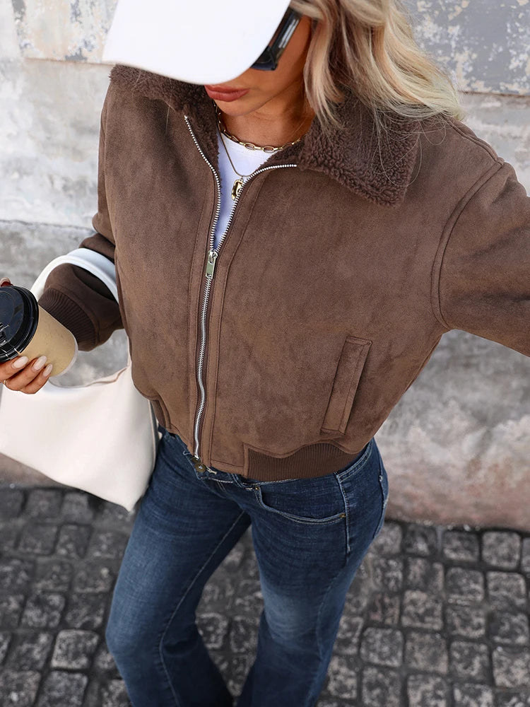 Ailegogo Autumn Winter Women Warm Faux Suede Leather Fur Jacket Streetwear Loose Zipper Coat Outwear