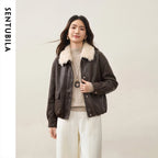 SENTUBILA Women Faux Leather Teddy Fleece Jacket Vintage Winter Contrast Faux Fur Collar Flattering Commuter Outerwear W64PD8070