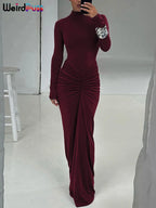 Weird Puss Hipster Ruched Dress Women O-Neck Full Sleeve Skinny Stretch Robe Autumn Trend Simple Classic Pleats Long Bodycon