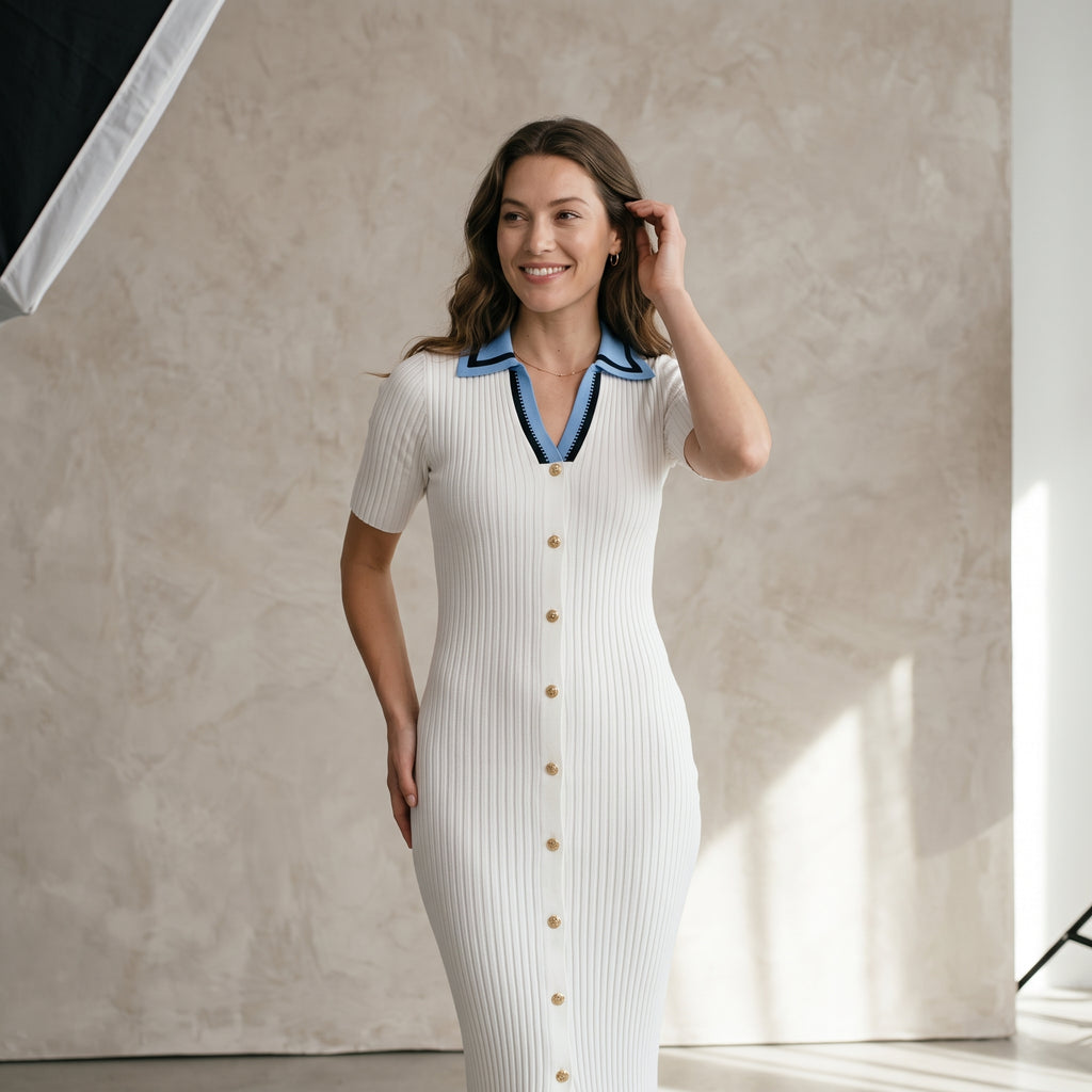 YuooMuoo Women Dress Chic Fashion Notched Rib Knitted Long Dress Office Lady Single-breasted Package Hips Sweater Dress Vestidos