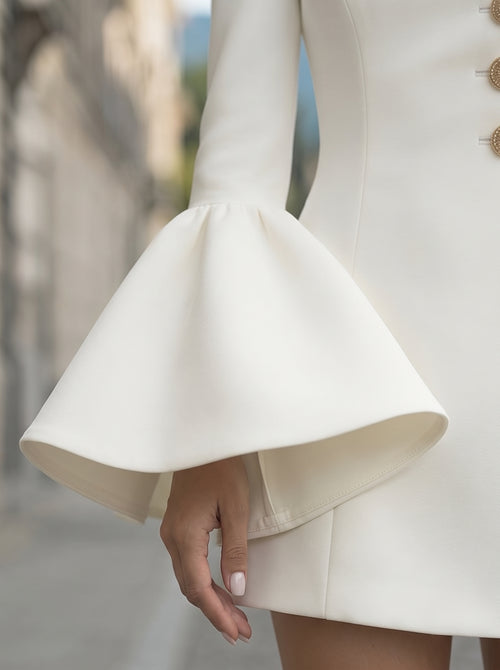 Autumn temperament slim solid colour stand-up collar flared sleeve single-breasted suit dress