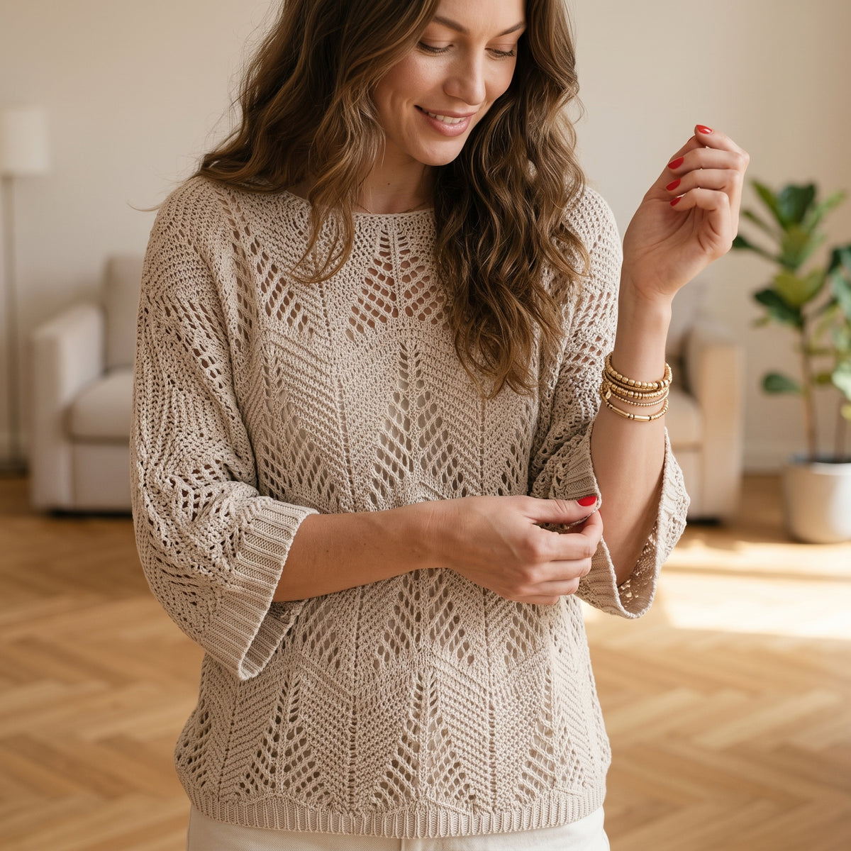 Female Leisure Hollow Out Parchment Hollow Sleeve Casual Sweater