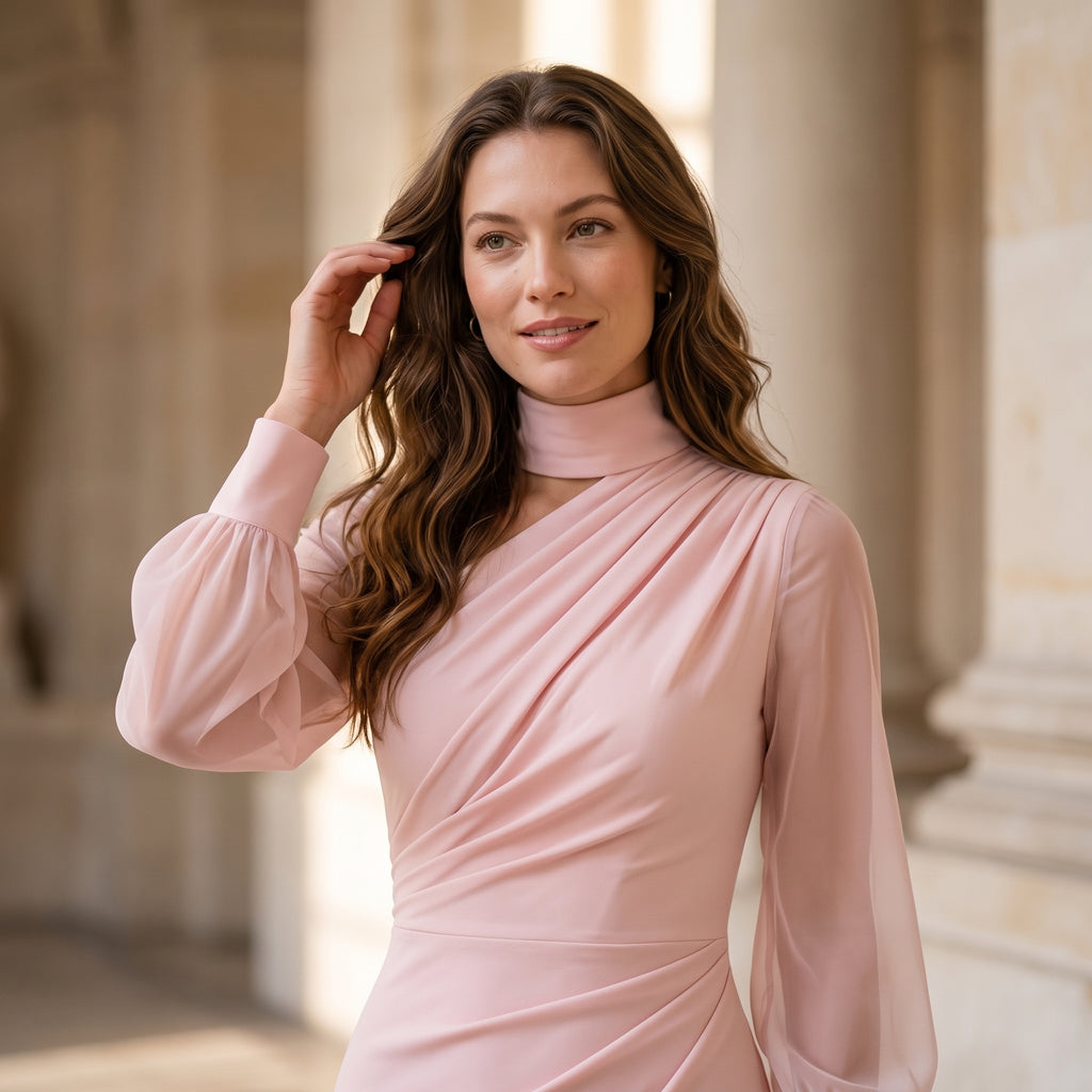Women Mock Neck Mesh Long Sleeve Midi Dress Asymmetric Ruched Waist Slim Bodycon Elegant Wedding