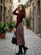 Women's Retro Plaid 2-Piece Set – Ribbed Knit Top & Midi Skirt