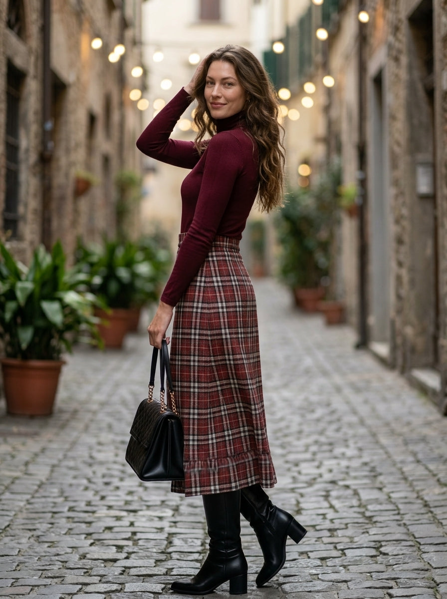 Women's Retro Plaid 2-Piece Set – Ribbed Knit Top & Midi Skirt