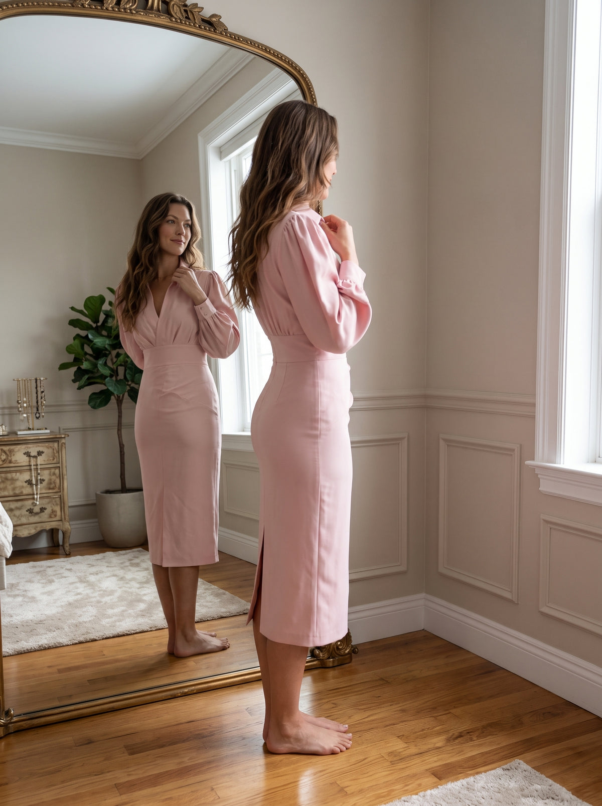 Autumn simple and fashionable V-neck solid colour waist pleated dress women's clothing
