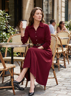 Women Elegant Midi Dress Long Sleeve Office Lady Shirt Dress Turn Down Collar Button A Line Party Work Dress Without Belt Casual