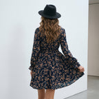 Elegant Women's Spring Autumn Floral Print A Line Dress Casual Vintage Office Lady Sexy Turtleneck Long Sleeve Slim Dresses