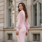 Women Mock Neck Mesh Long Sleeve Midi Dress Asymmetric Ruched Waist Slim Bodycon Elegant Wedding