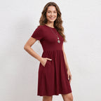 Elastic Waist Short Sleeve Dress Knitted Round Neck Short Sleeve Dress