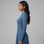Women's Slim Fit Half High Collar Waist Cinched A-Line Skirt Long Sleeved Pit Stripe Dress