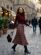 Women's Retro Plaid 2-Piece Set – Ribbed Knit Top & Midi Skirt