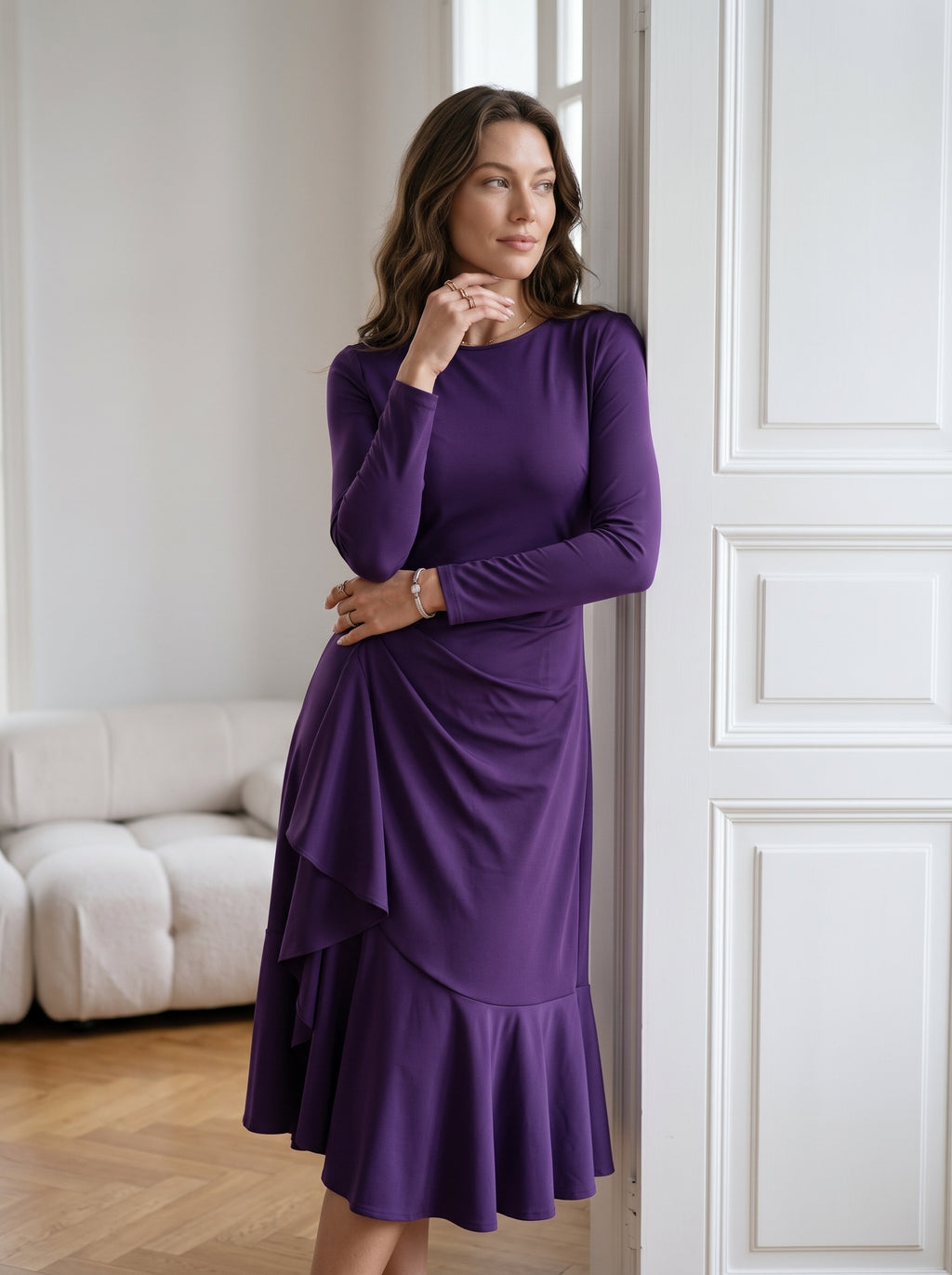 Solid Color Evening Dress, Round Neck, Long Sleeves, Fishtail Skirt, Slim Fit, Elegant Mid-Length Dress